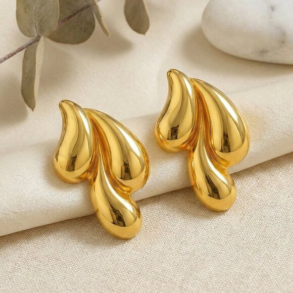 18K Gold Plated Stainless Steel Drop Earrings - Unique Teardrop Design✨ - Picture 5 of 11
